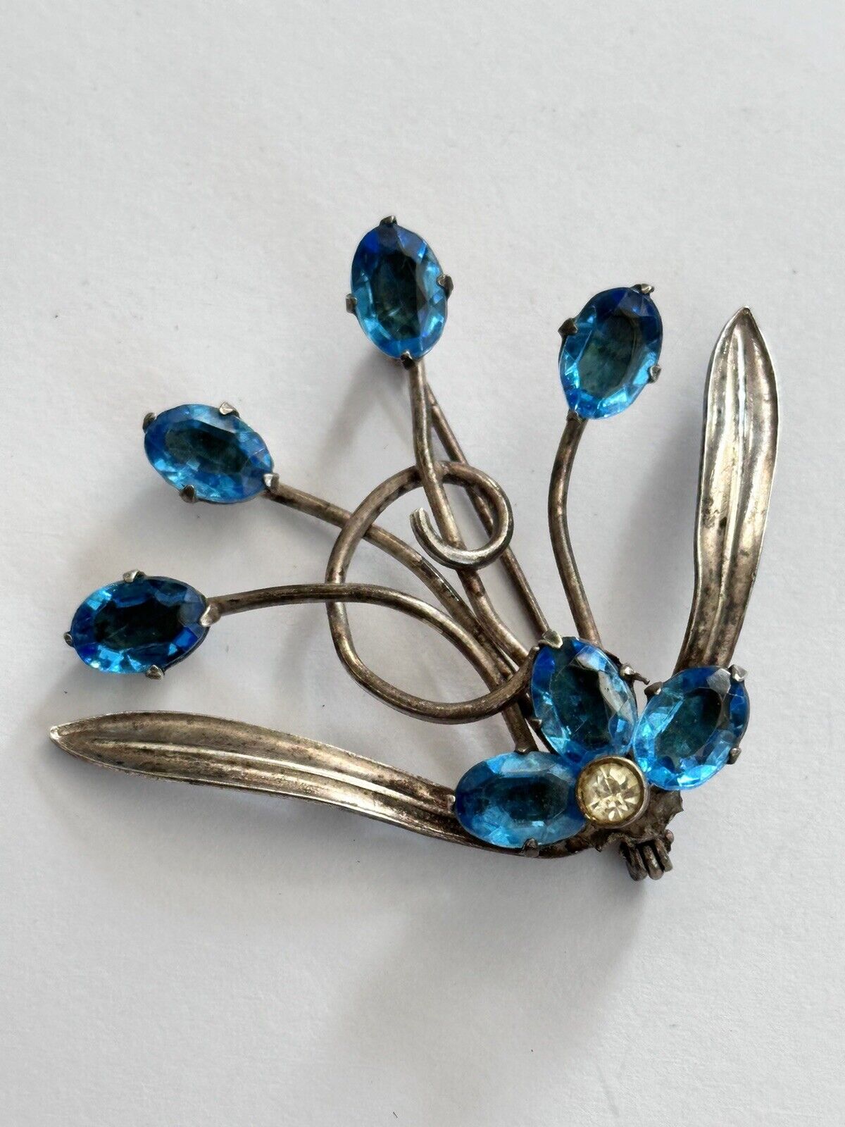 Vintage Silver Tone Blue Stone Flower Spray Brooch
