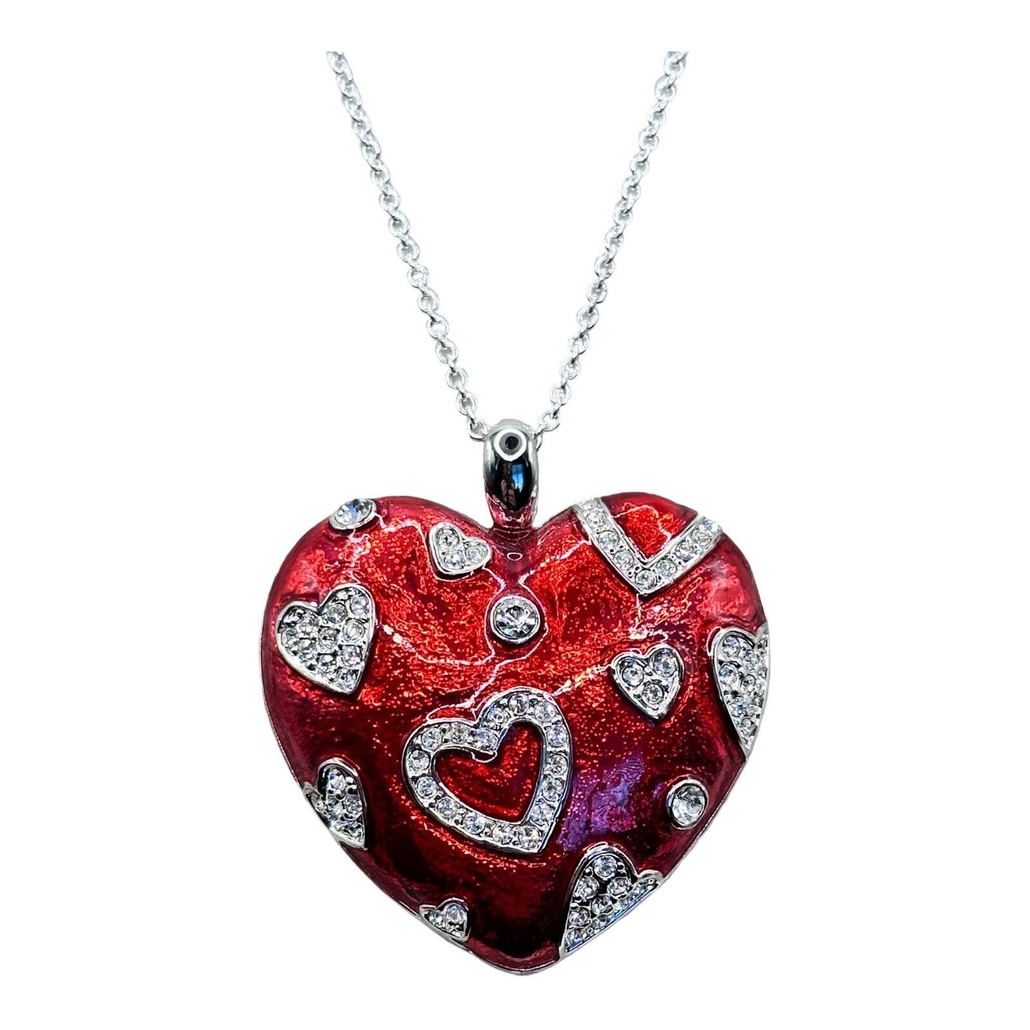 Vintage 1980s Rhodium Plated Red Heart Crystal Necklace New Old Stock