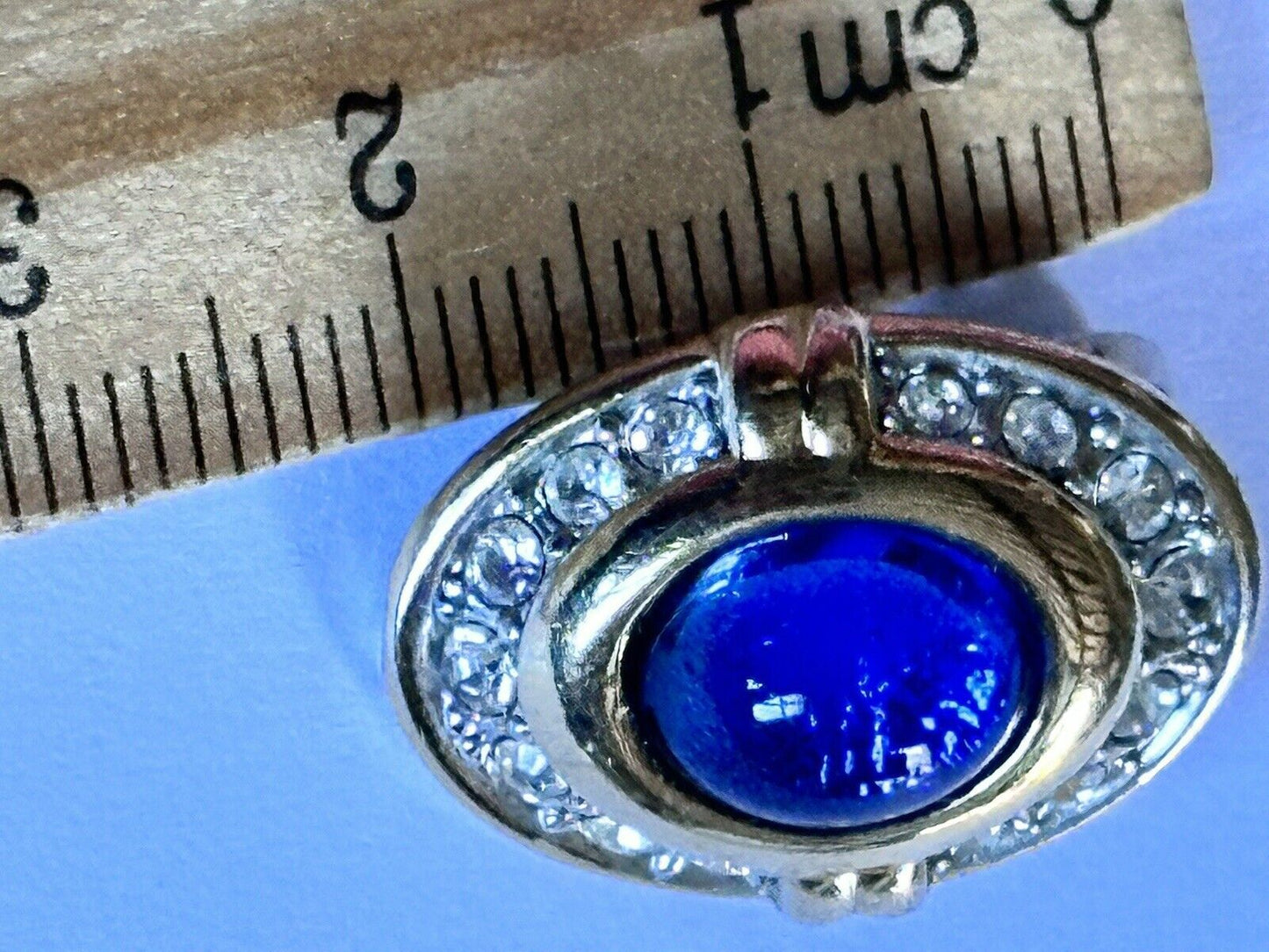 Vintage Blue Cabochon Silver Gold Tone Diamanté Necklace Clip On Earring Set