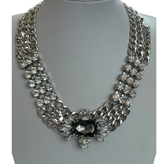 Vintage Silver Tone Chain Link Diamanté Statement Necklace