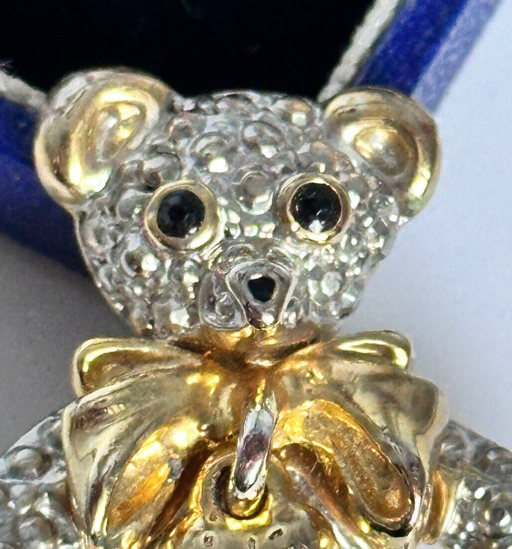 Vintage Silver Gold Tone Teddy Bow Hanging Heart Brooch