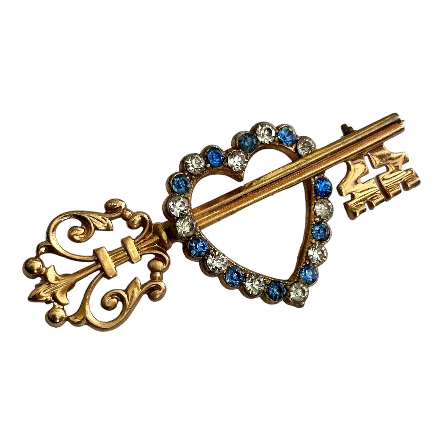 Vintage Gold Tone Blue Clear Diamanté Key Heart  Brooch