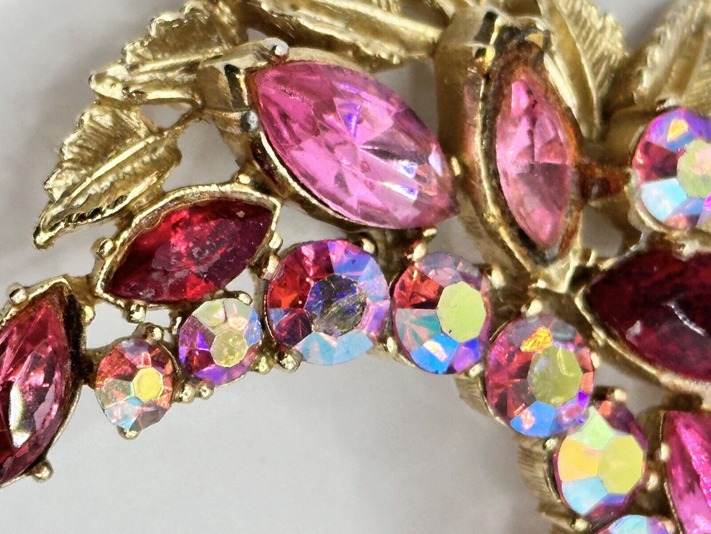 Vintage Sphinx Signed Gold Tone Pink Red Crescent  Statement  Brooch