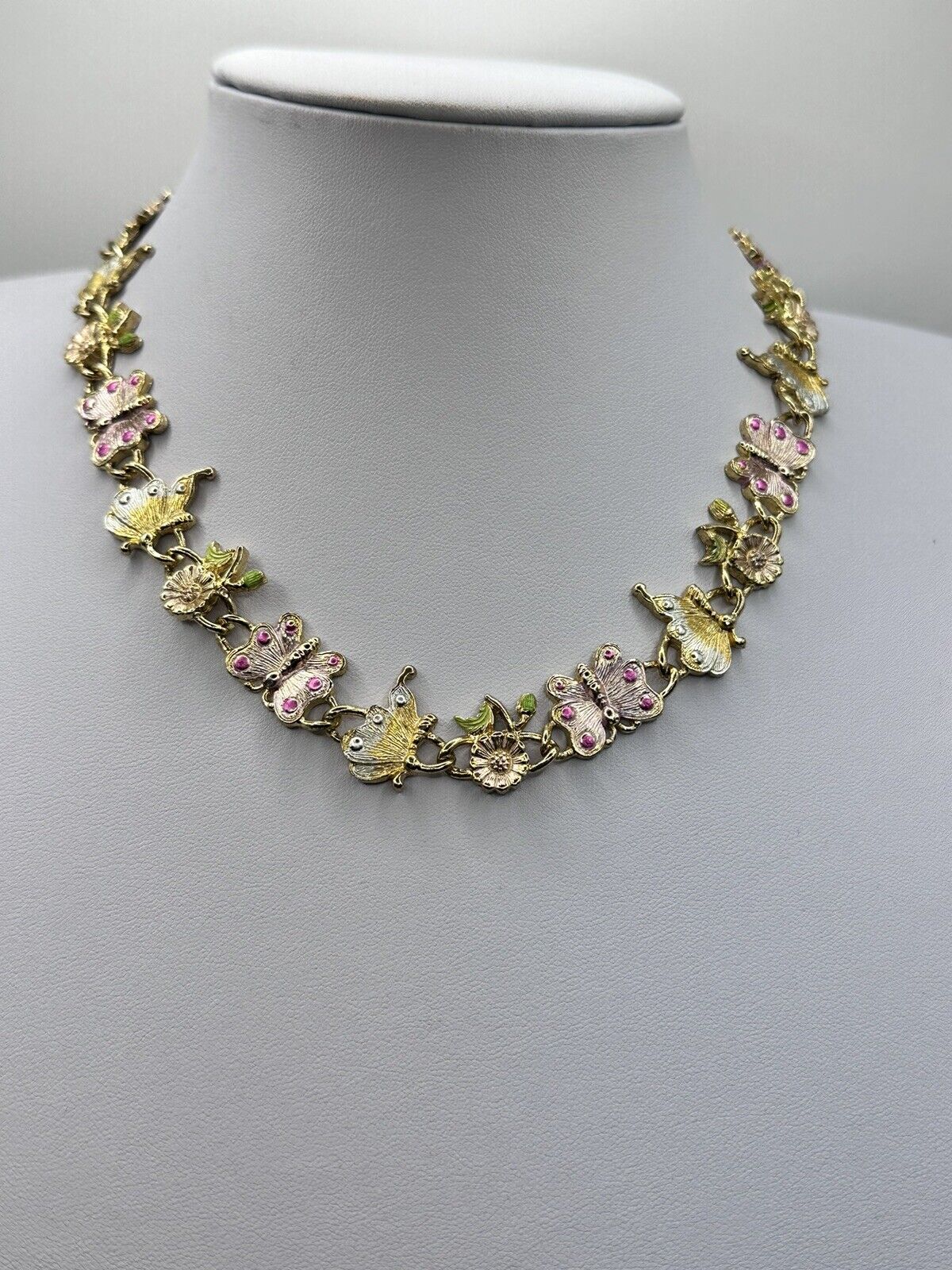 Vintage Gold Tone Pink Enamel Butterfly Flowers Necklace And Clip On Earring Set