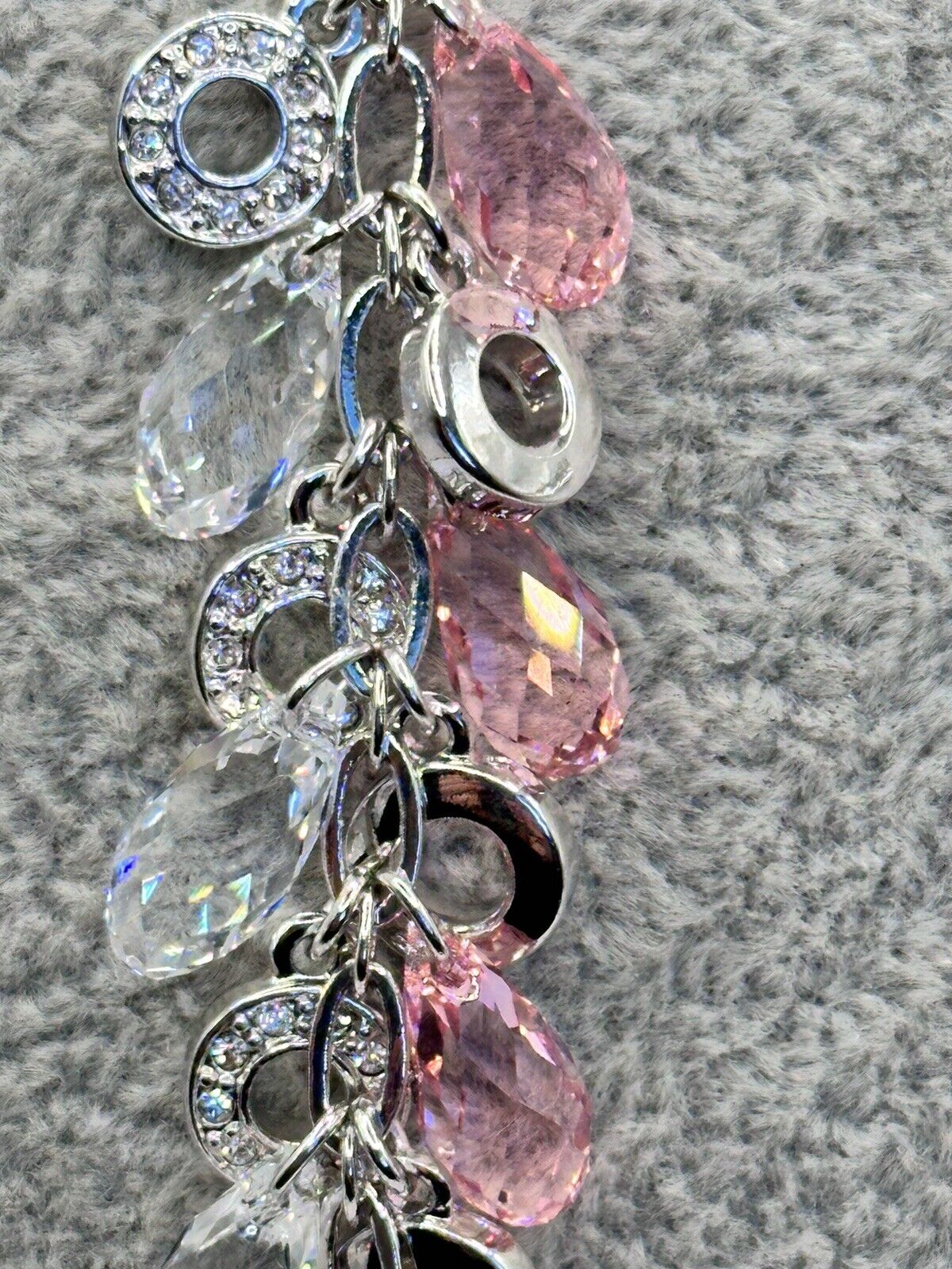 Vintage 1980s Rhodium Plated Pink Clear Droplet Crystal Necklace New Old Stock