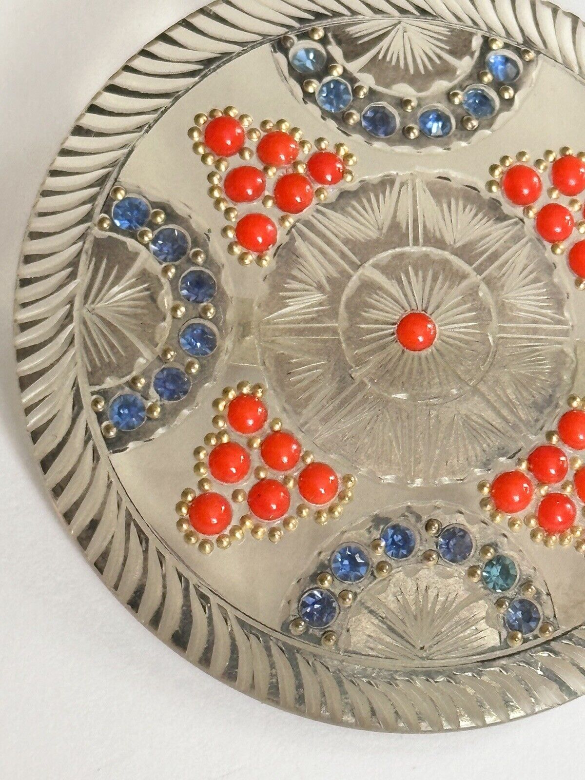 Vintage Early French Carved Lucite Red Bead Blue Paste Detailed Brooch