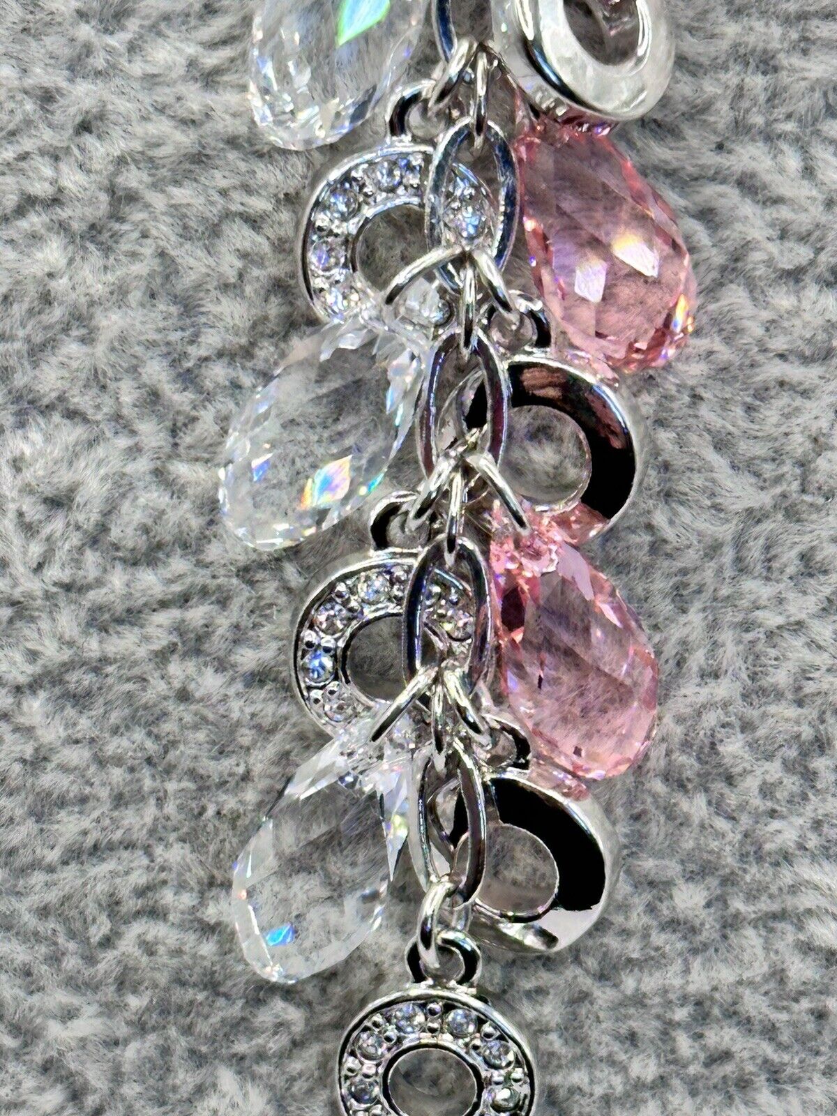 Vintage 1980s Rhodium Plated Pink Clear Droplet Crystal Necklace New Old Stock