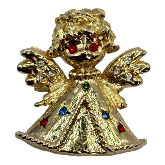 Vintage Gold Tone Multicoloured Diamanté Angel Brooch Christmas