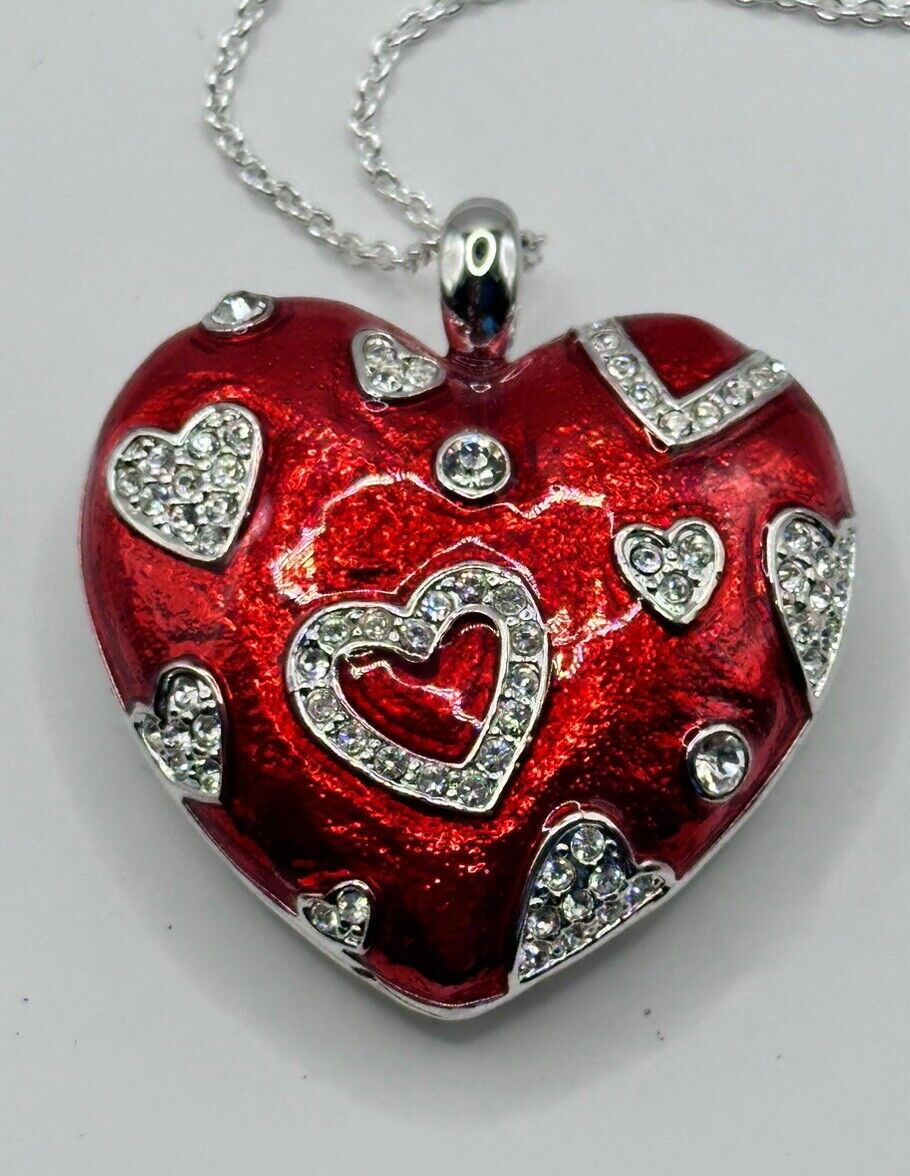 Vintage 1980s Rhodium Plated Red Heart Crystal Necklace New Old Stock