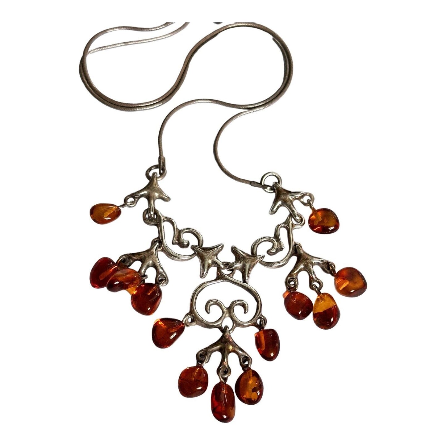 Vintage Silver 925 Baltic Amber Detailed Metalwork Necklace