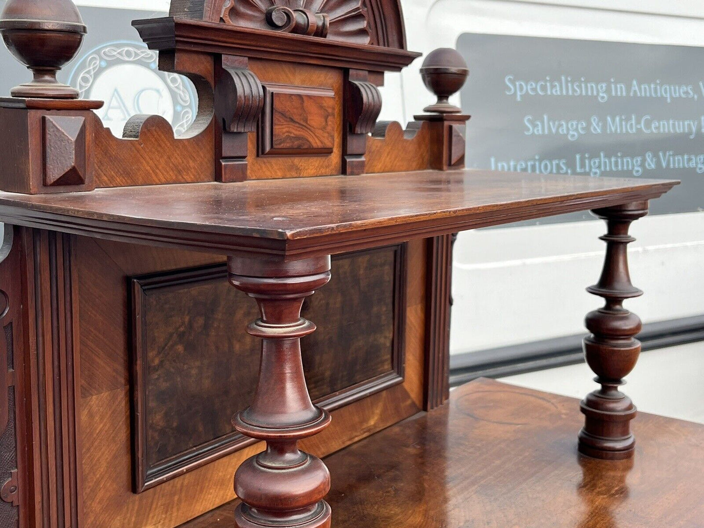 Antique Walnut Bookcase / Cupboard With Fitted Shelves & Drawer