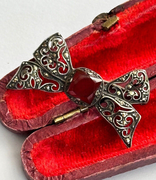 Vintage Antique Silver Marcasite Carnelian Bow Brooch