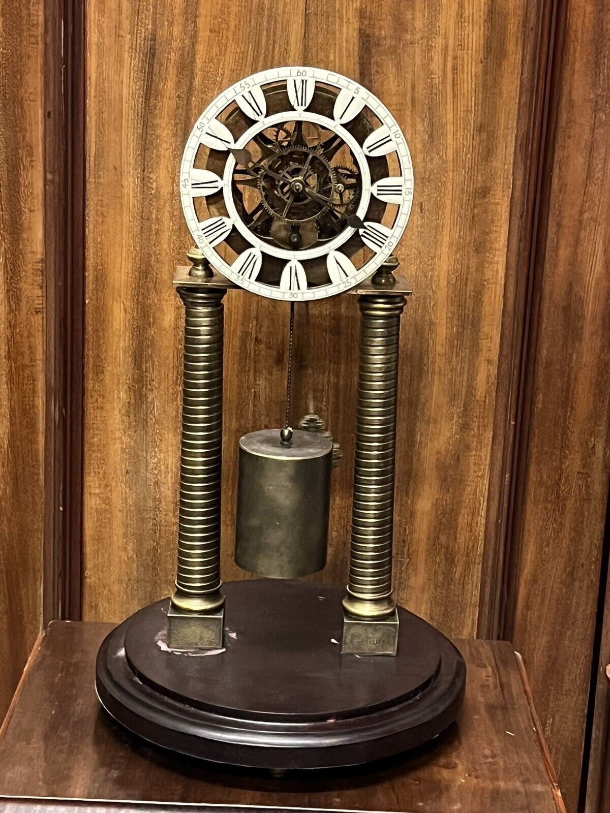 Industrial Chain Driven Skeleton Clock, Glass Done, Weight & Key. Large In Size