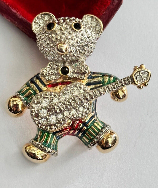 Vintage Gold Tone Diamanté Teddy Bear With Guitar  Brooch