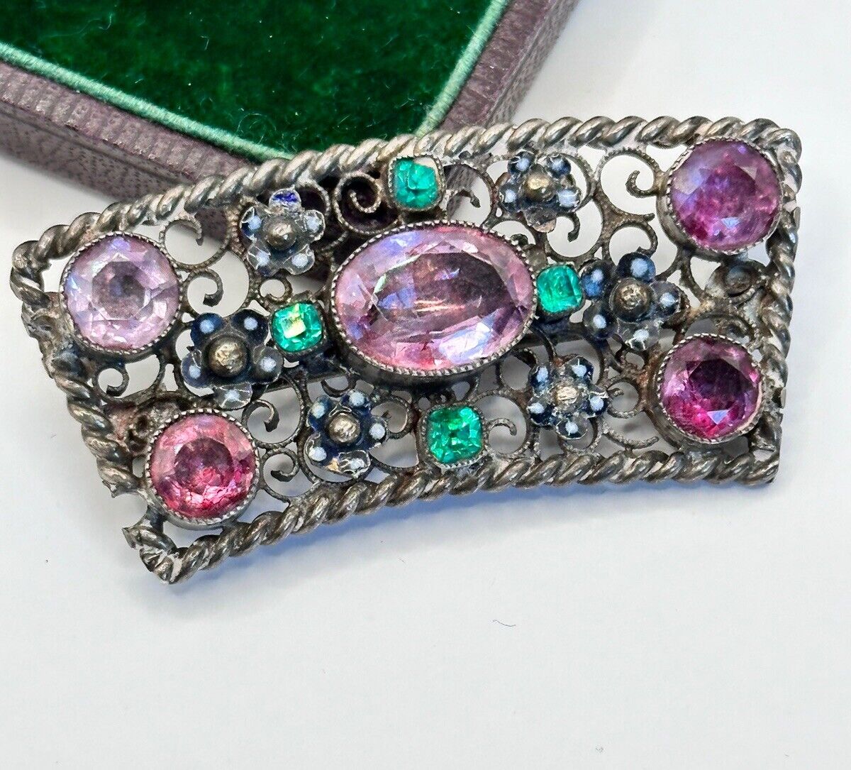 Antique  Edwardian Open Filigree Pink Green Paste Glass Brooch