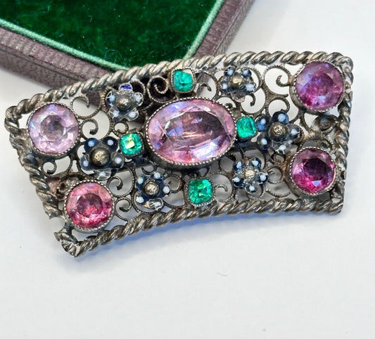 Antique  Edwardian Open Filigree Pink Green Paste Glass Brooch