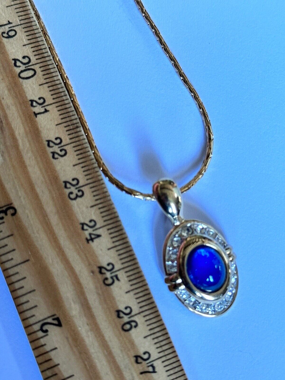 Vintage Blue Cabochon Silver Gold Tone Diamanté Necklace Clip On Earring Set