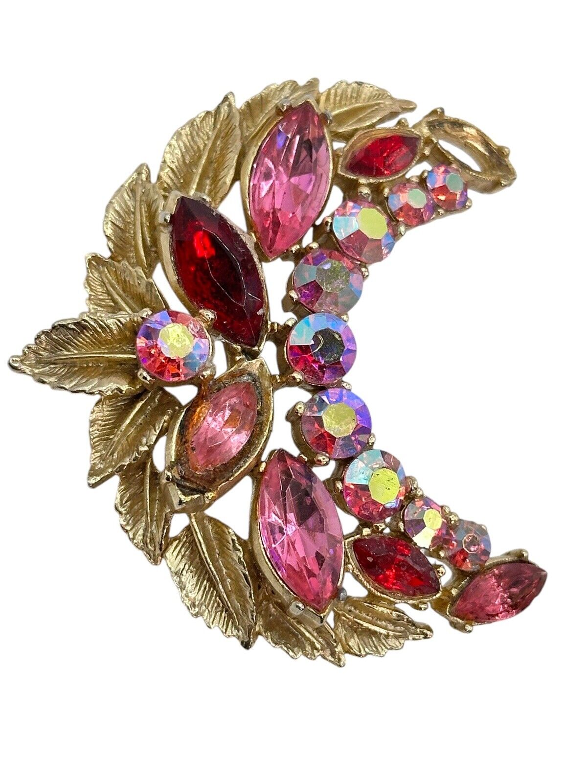 Vintage Sphinx Signed Gold Tone Pink Red Crescent  Statement  Brooch
