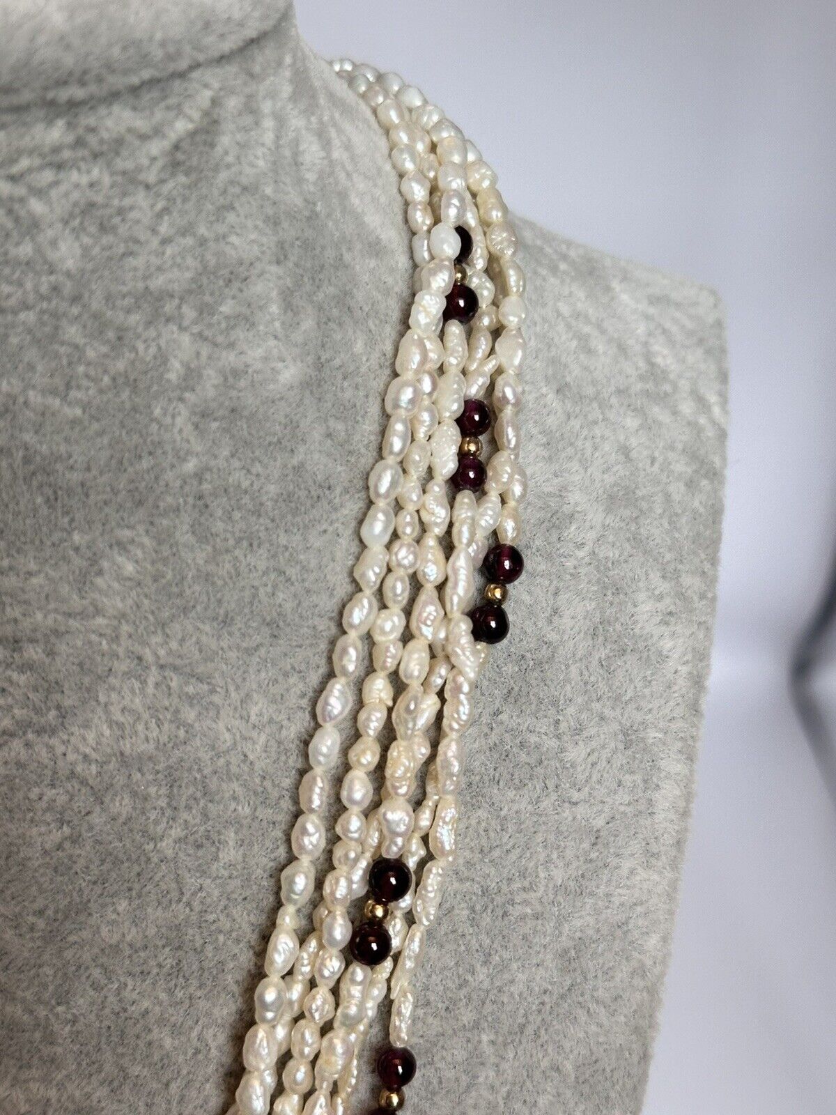 Vintage Multi Strand Freshwater Pearl Garnet Bead Necklace