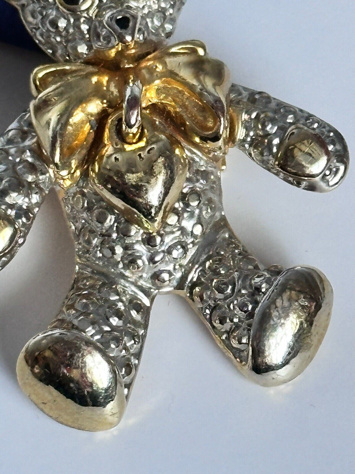 Vintage Silver Gold Tone Teddy Bow Hanging Heart Brooch