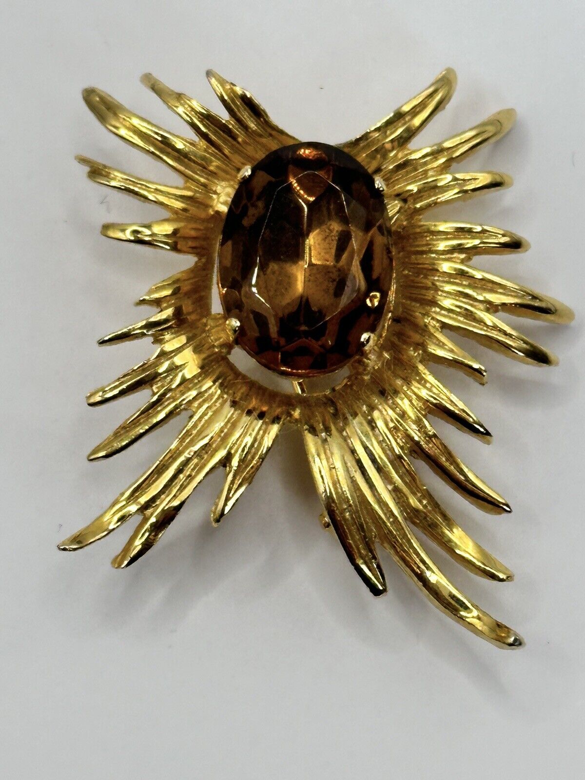 Vintage Gold Tone 1960s/70s Cognac Stone Brooch