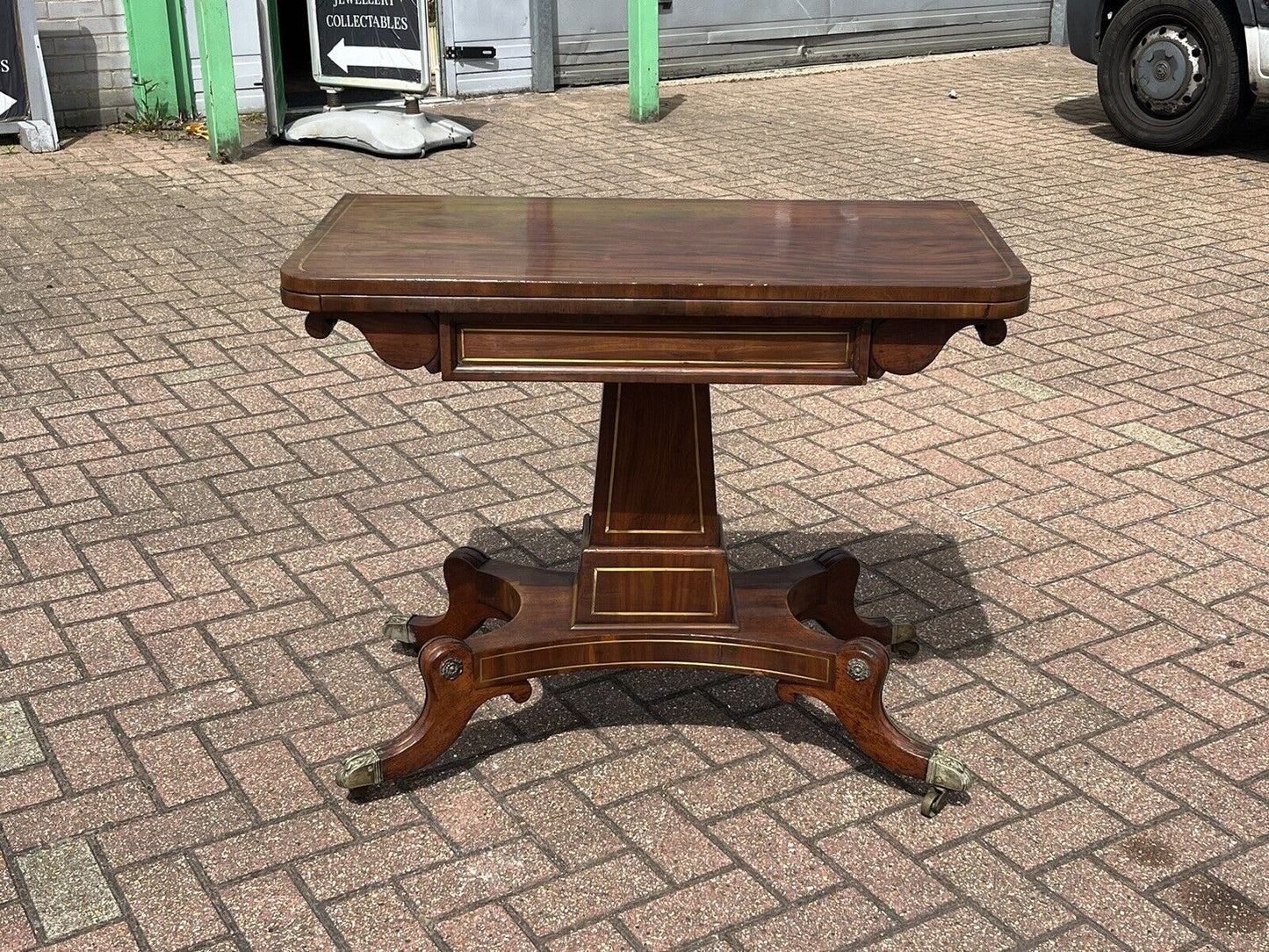 Antique Regency Mahogany & Brass Inlaid Games Table With Fold Over Lid