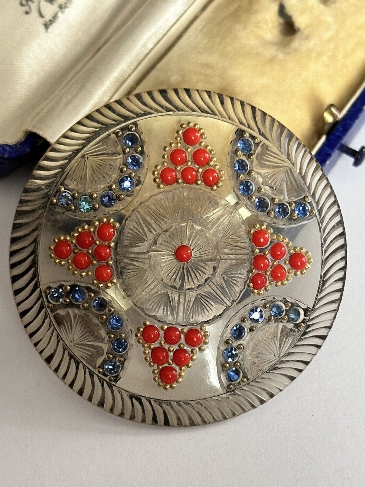 Vintage Early French Carved Lucite Red Bead Blue Paste Detailed Brooch