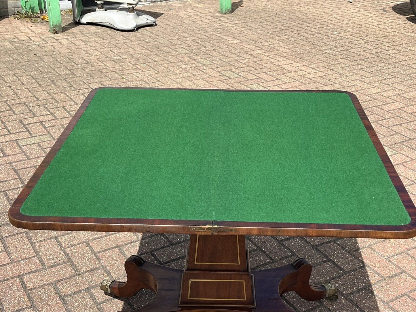 Antique Regency Mahogany & Brass Inlaid Games Table With Fold Over Lid