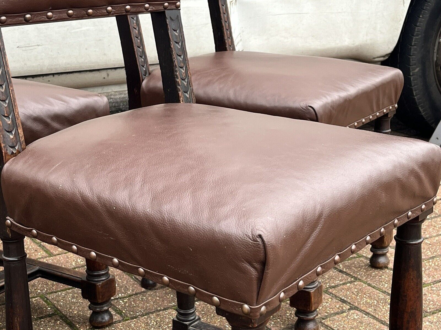 Edwardian Oak Dining Chairs, With Carved Green Man Faces.