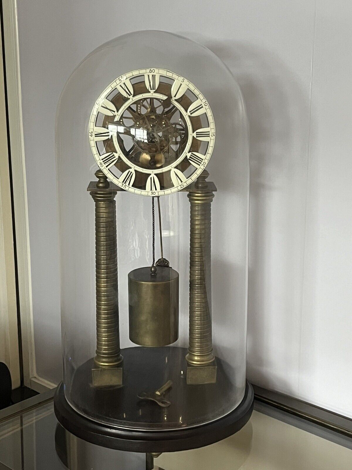 Industrial Chain Driven Skeleton Clock, Glass Done, Weight & Key. Large In Size