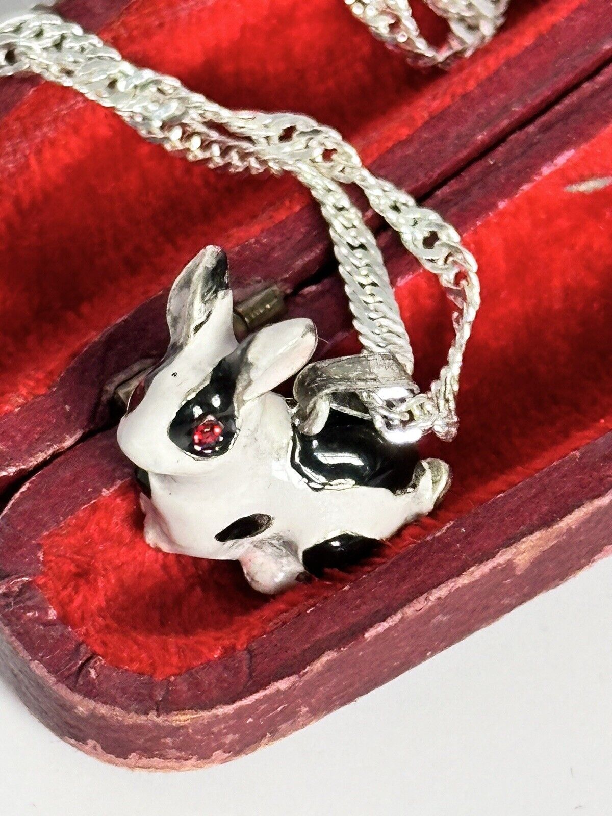 Viintage Rhodium Plated Enamel Rabbit Pendant Necklace