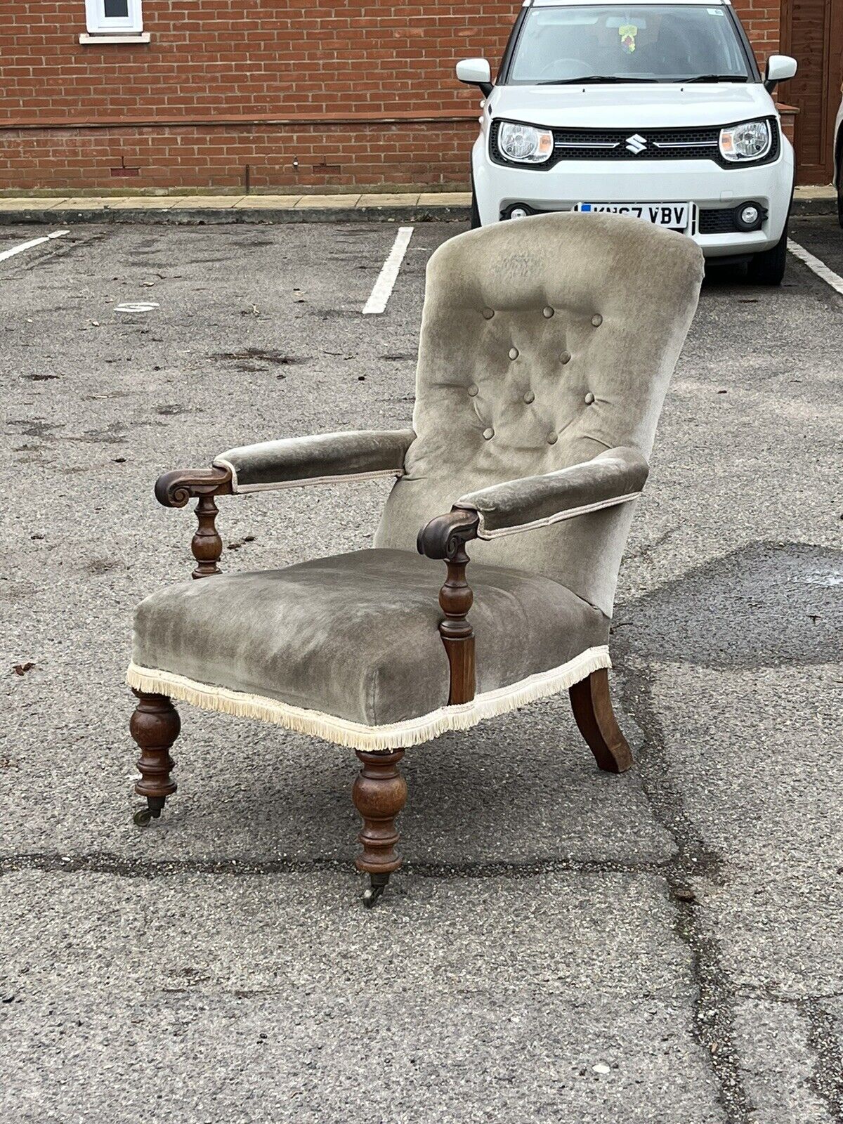 Victorian Library Armchair With Mahogany Frame, on Brass Castors.