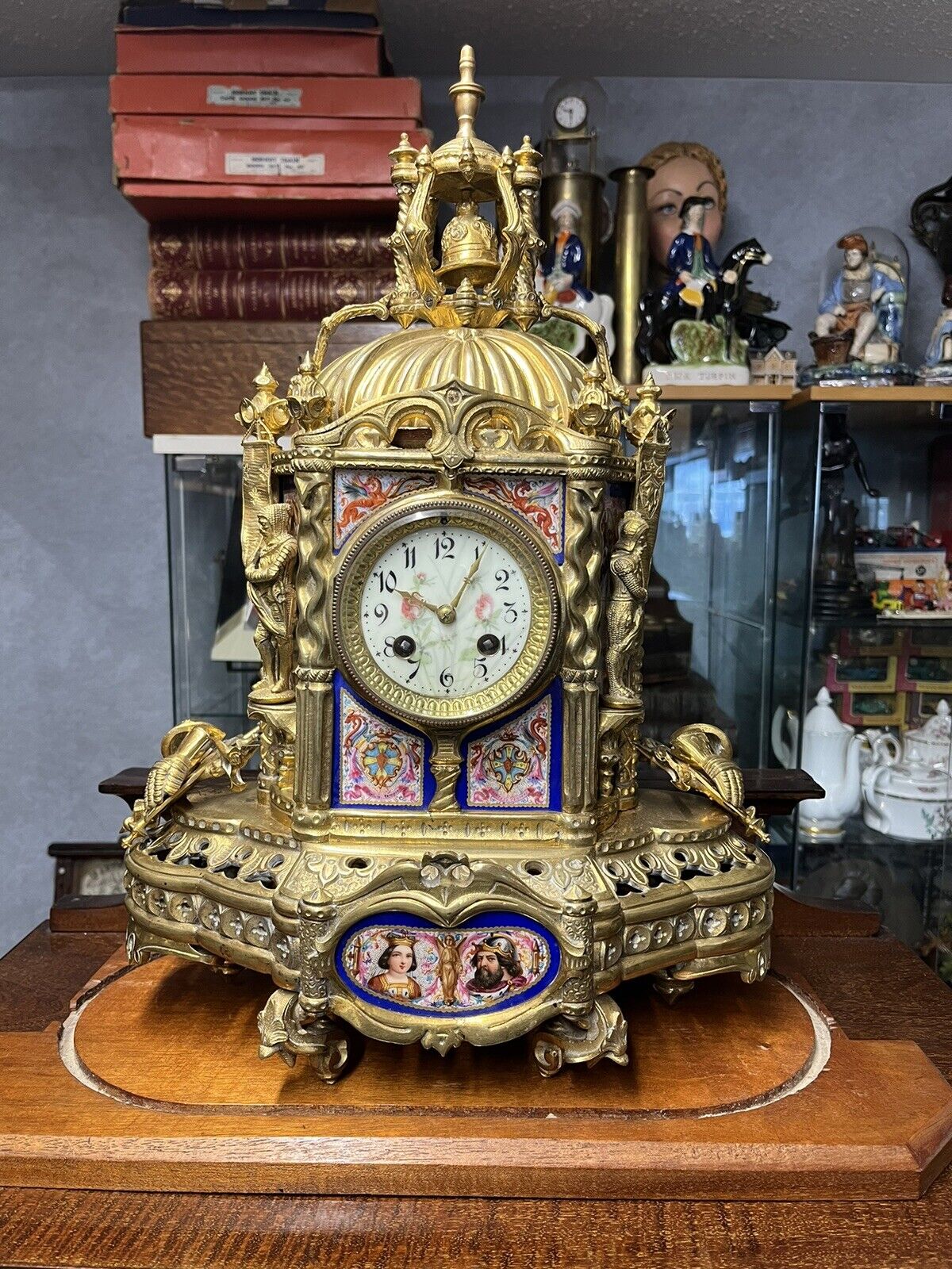 Victorian Brass Clock Under Glass Done, Porcelain Painted Panels Of Royalty