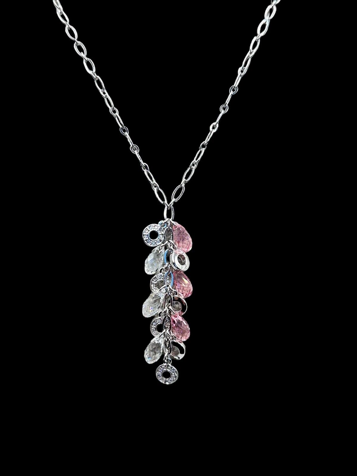 Vintage 1980s Rhodium Plated Pink Clear Droplet Crystal Necklace New Old Stock