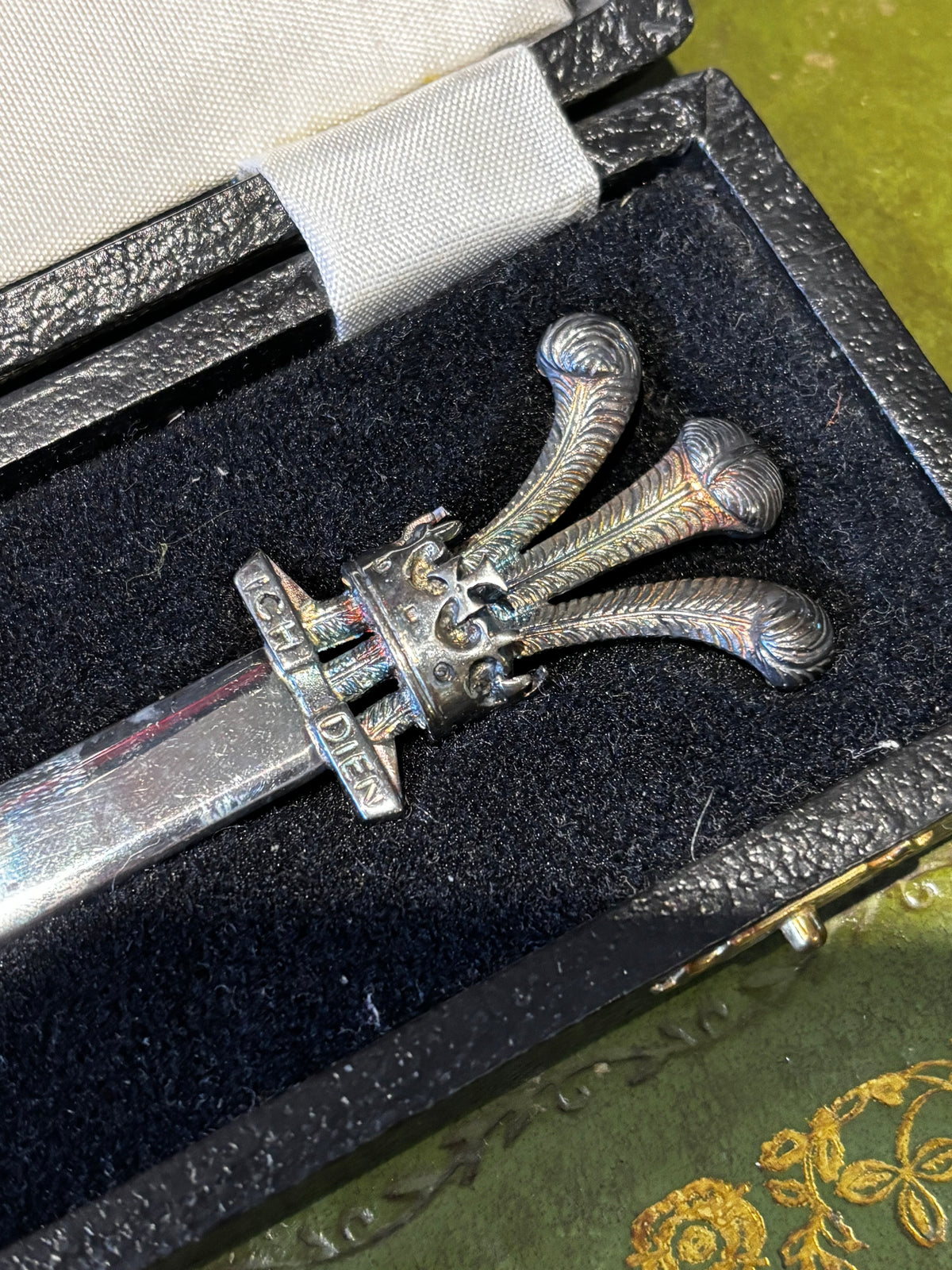 Solid Silver Letter Opener, Prince Of Wales Feathers In Fitted Case.