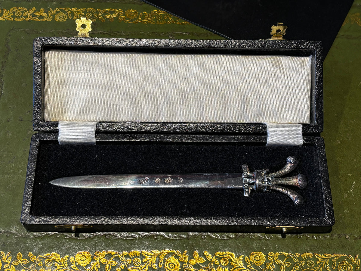 Solid Silver Letter Opener, Prince Of Wales Feathers In Fitted Case.