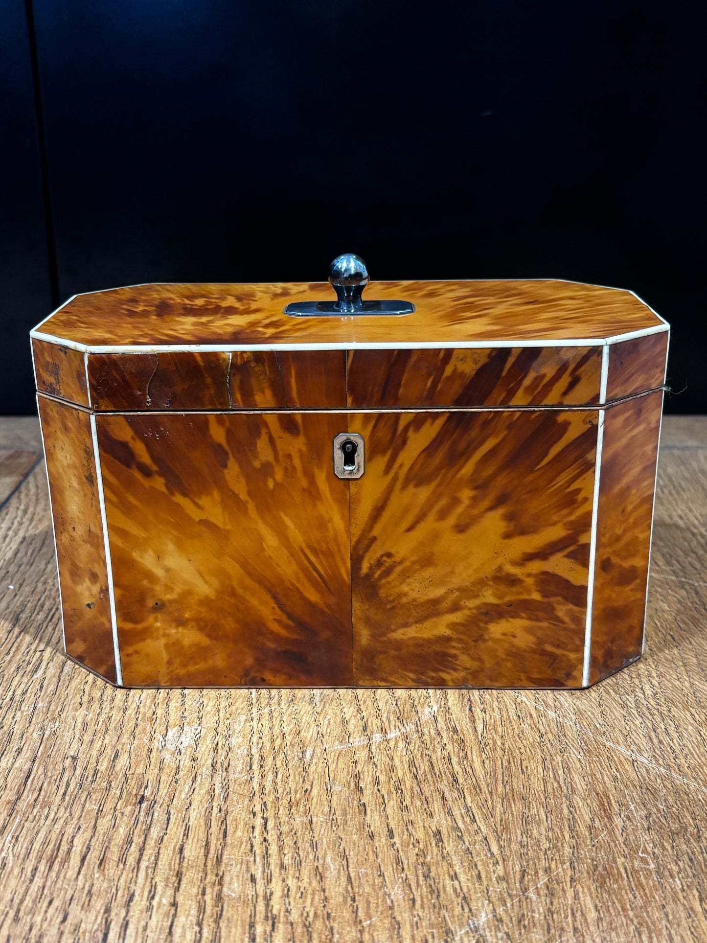 Fine English George III Blonde Tortoiseshell Tea Caddy.