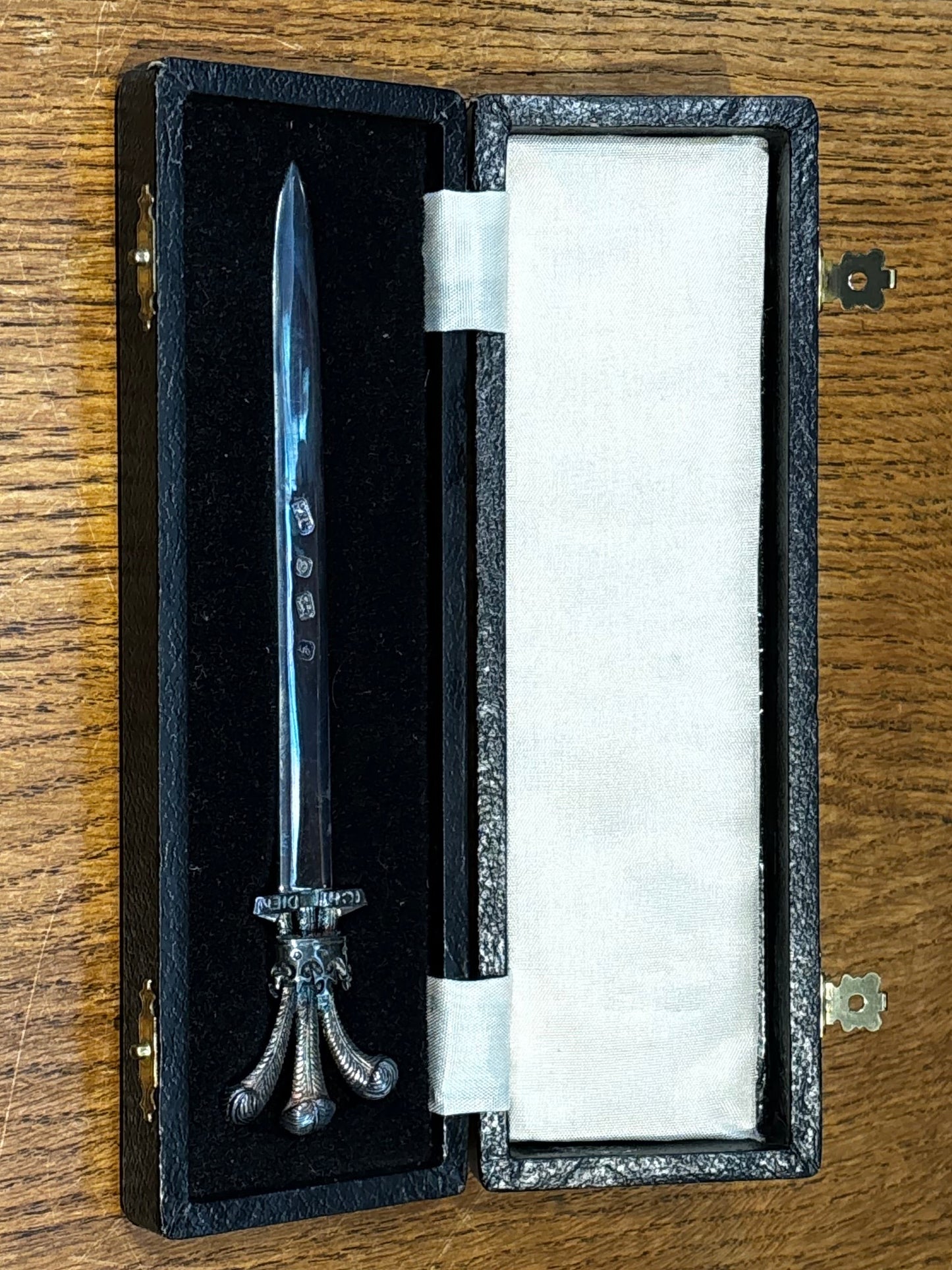 English Hallmarked Silver Cased Letter Opener. Prince Of Wales Feathers