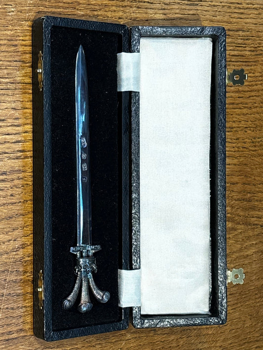 English Hallmarked Silver Cased Letter Opener. Prince Of Wales Feathers