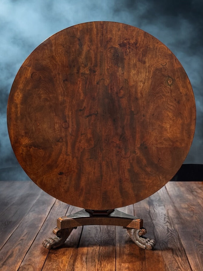 Antique Mahogany Tilt Top Dining Table & 6 Chairs, Superb Carved Base.