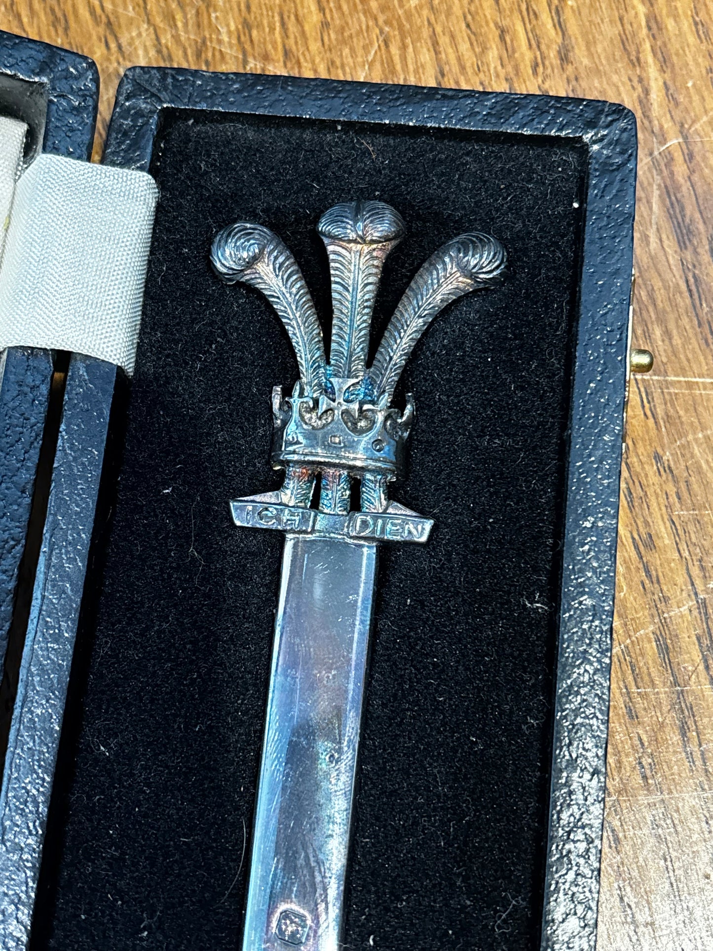 English Hallmarked Silver Cased Letter Opener. Prince Of Wales Feathers