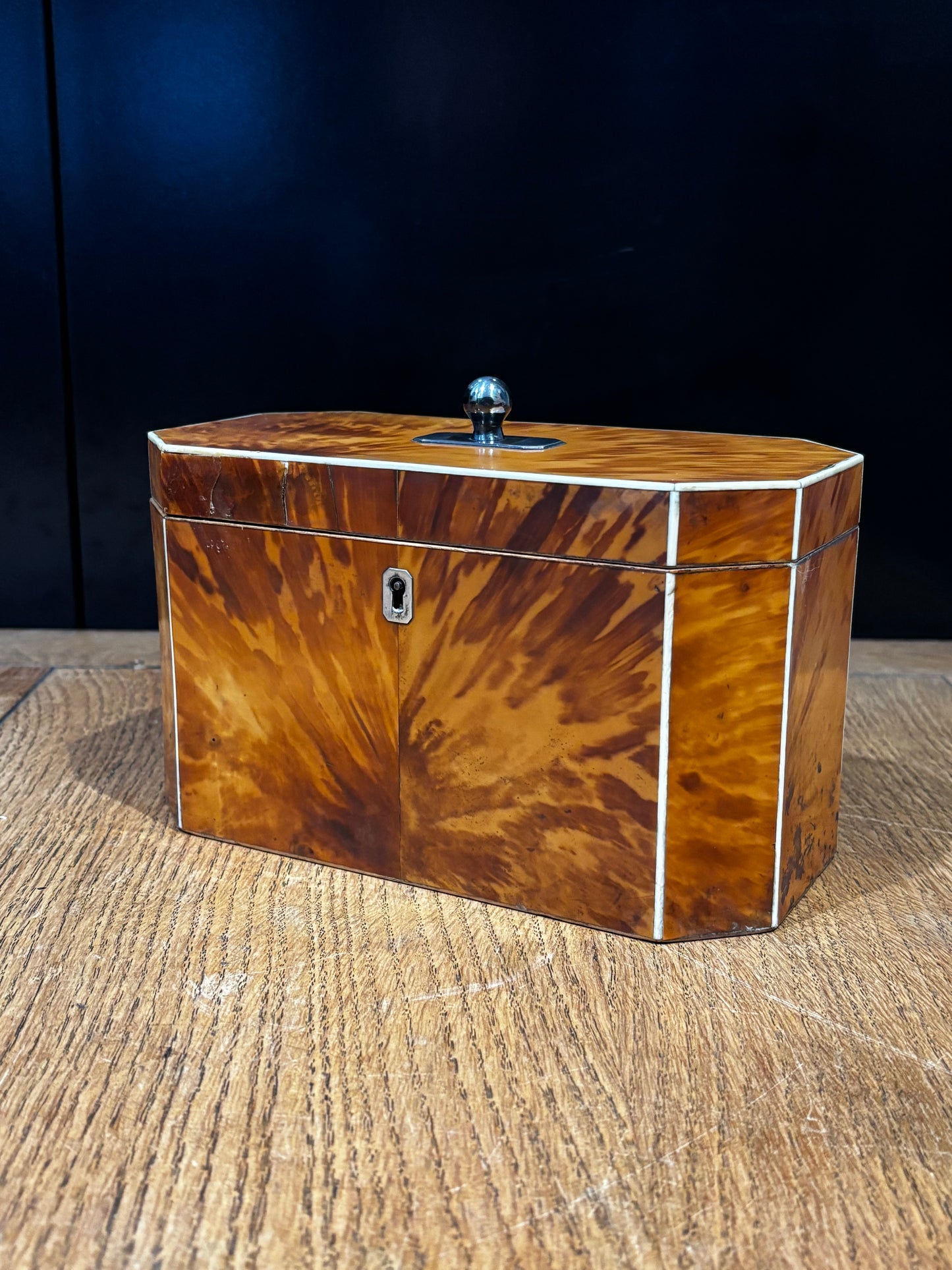 Fine English George III Blonde Tortoiseshell Tea Caddy.