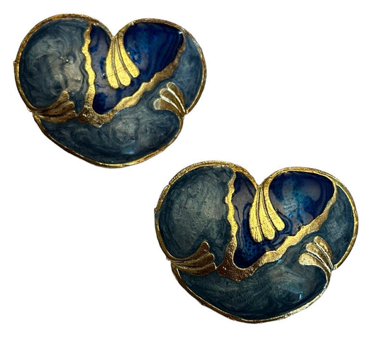 Vintage Gold Tone Blue Enamel Statement Earrings