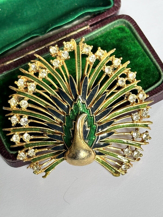 Vintage Green Blue Enamel Diamanté Gold Tone Brooch