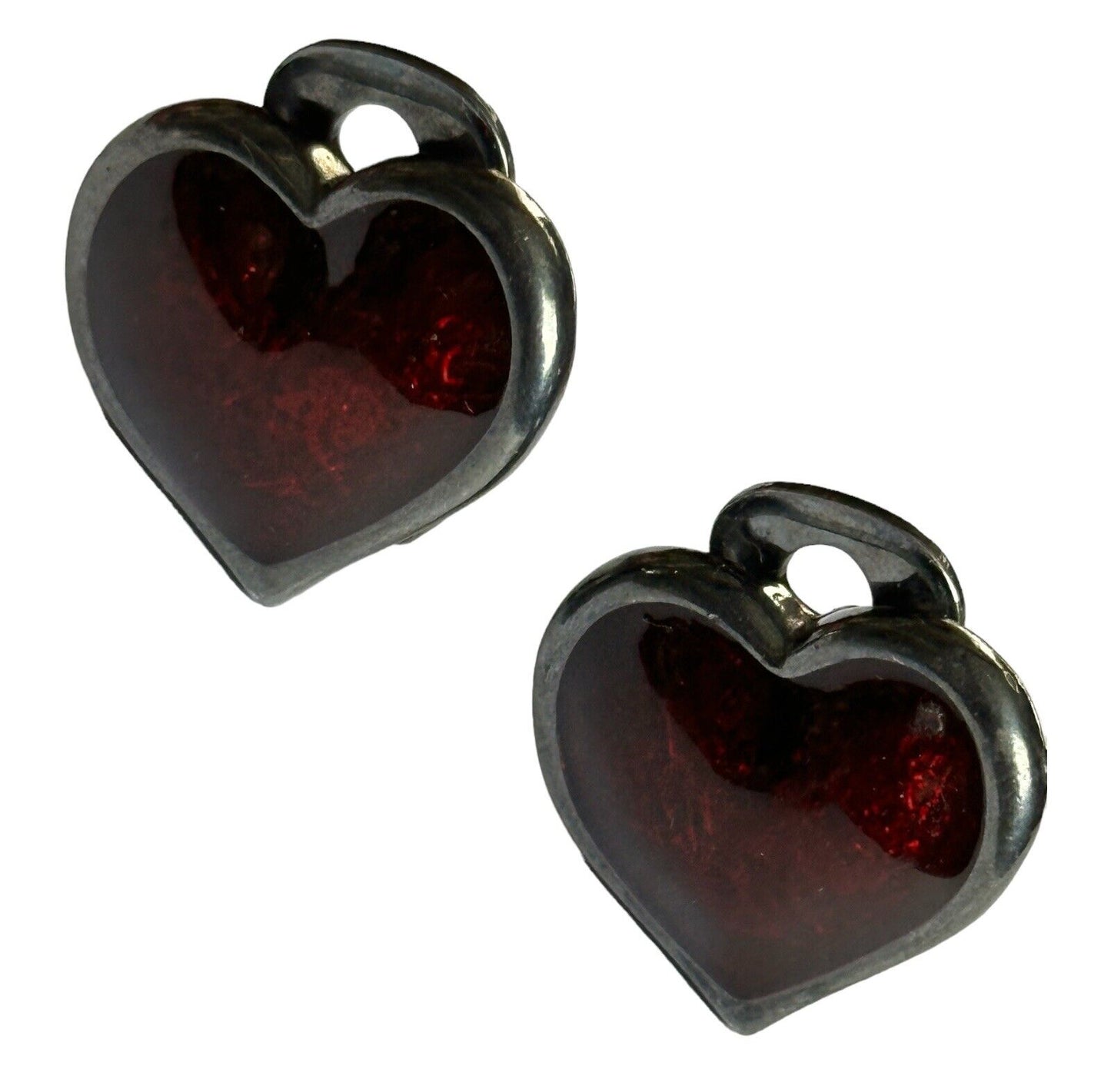 Vintage Red Enamel Heart Clip On Earrings