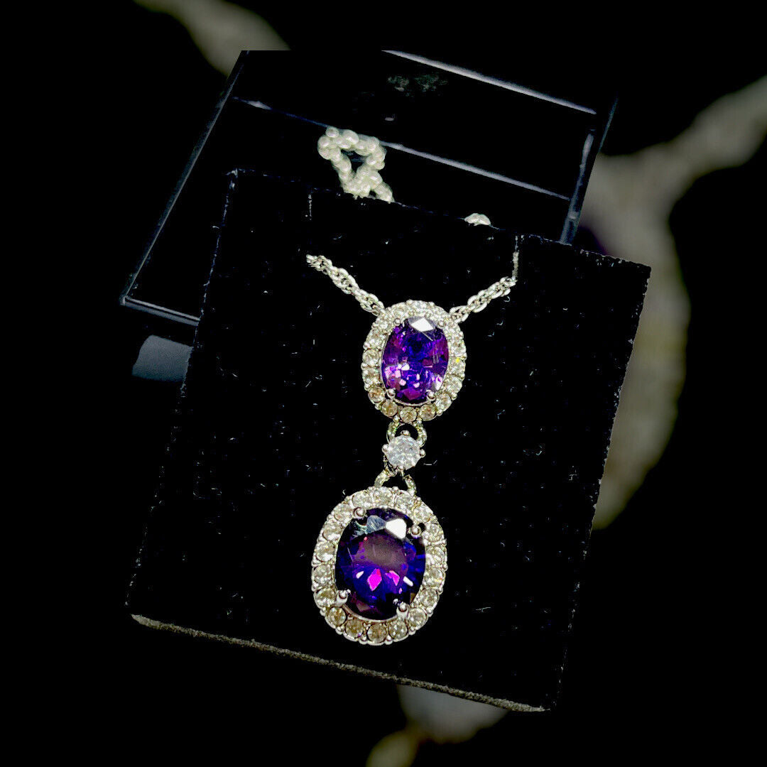 Vintage 1980s Rhodium Plated Purple Crystal Drop Necklace Boxed