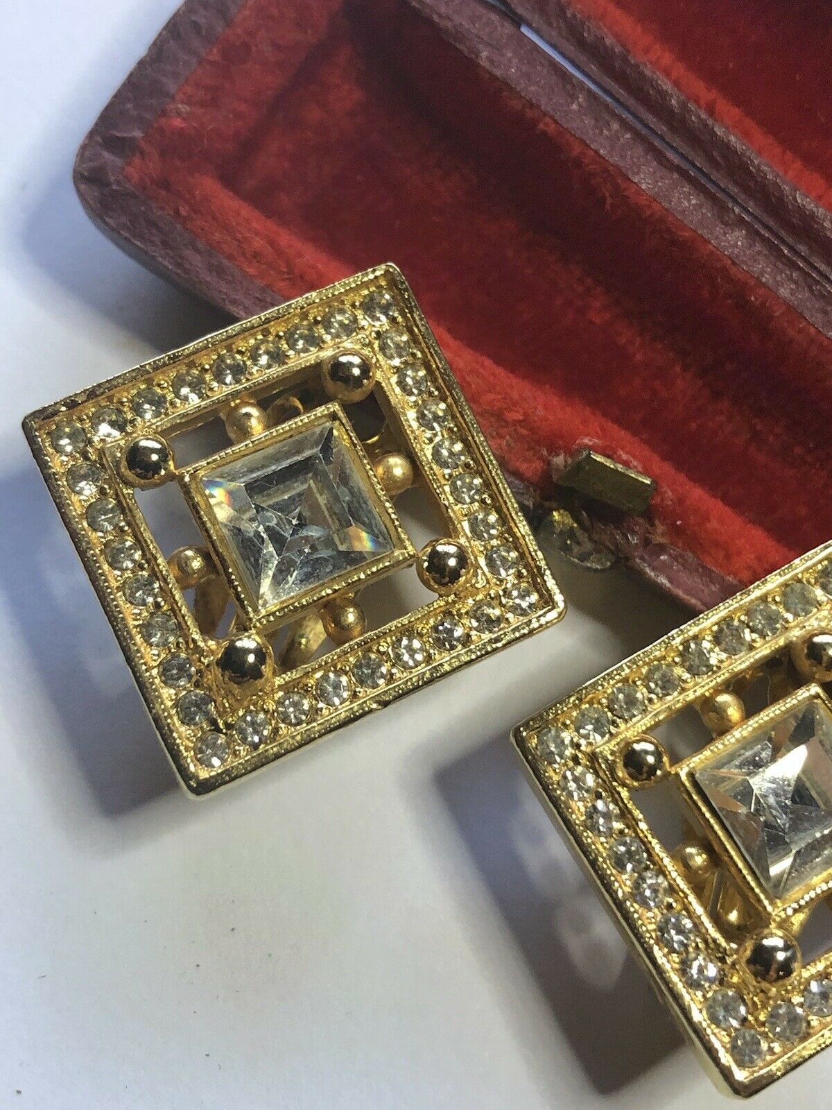 Vintage Clear Diamanté Square Clip On Earrings