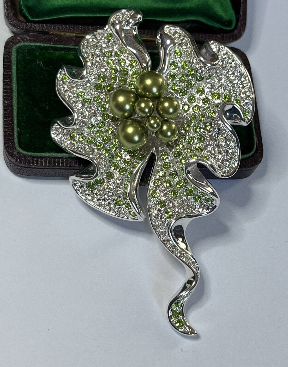 Vintage Statement Flower Rhodium Plated Green Faux Pearl And Diamanté Brooch