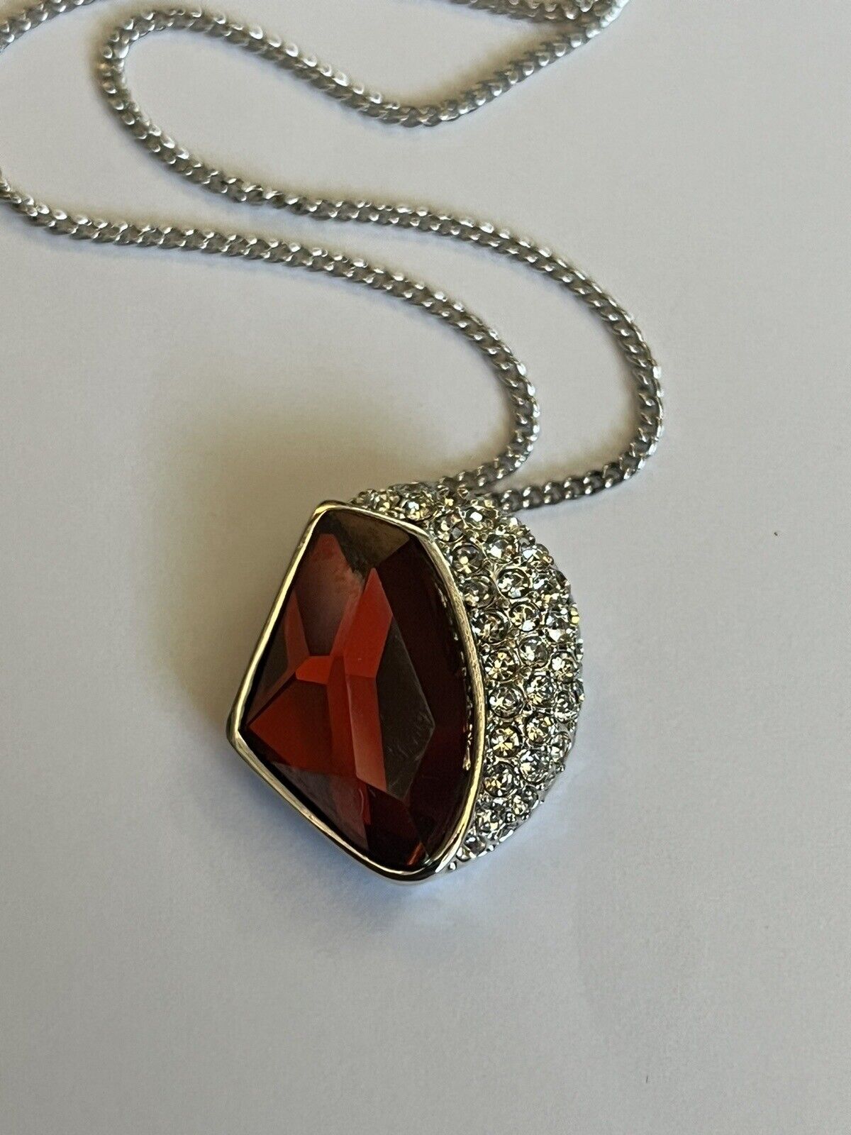 Vintage 1980s Rhodium Plated Red Crystal Necklace New Old Stock