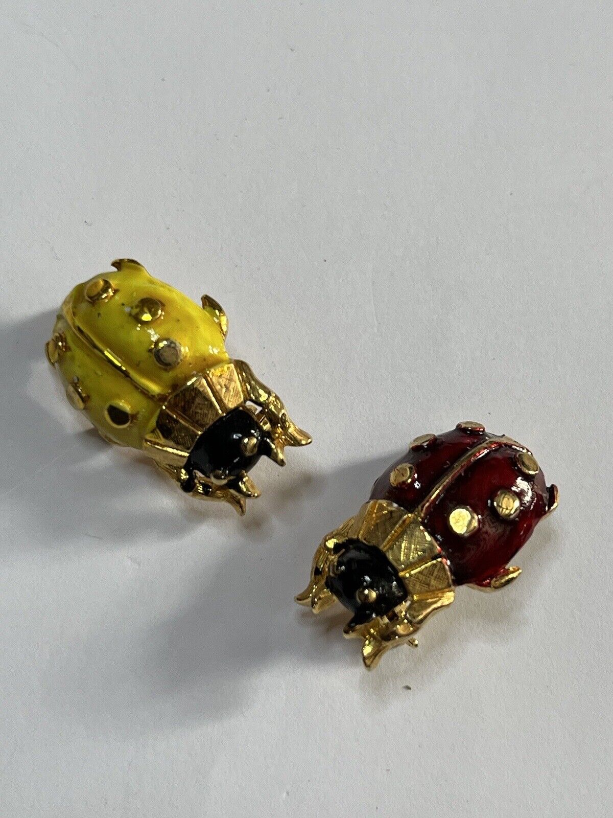 Vintage Ladybird Red Yellow Enamel Set Of 2 Brooches